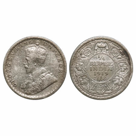 George V, Silver, 1/4 Rupee, 1915, Calcutta Mint, No dot. F. Prid 444. GK 1087. Very Fine.
