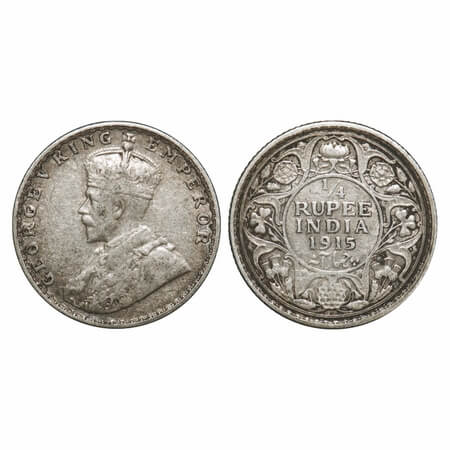 George V, Silver, 1/4 Rupee, 1915, Bombay Mint, Dot. F. Prid 457. GK 1088. Very Fine. Scar