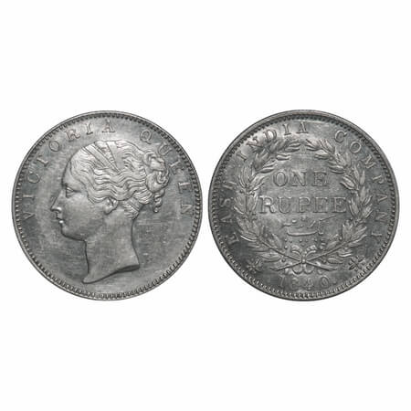 Victoria Queen, Silver, Rupee, 1840, CL, Bombay Mint, A/I, English Head, Wreath with 19 Be