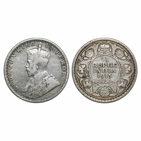 George V, Silver, 1/4 Rupee, 1915, Bombay Mint, Dot. F. Prid 457. GK 1088. Very Fine. Scar