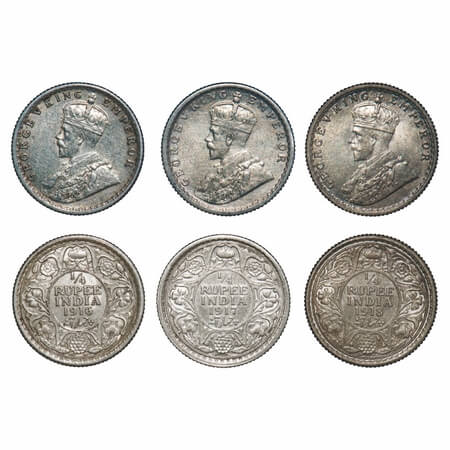 George V, Silver, 1/4 Rupee, (3 coins), 1916, 1917, 1918, Calcutta Mint, No dot. F. Prid 4