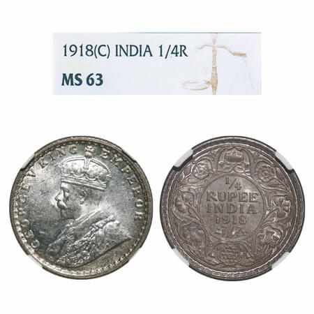 George V, Silver, 1/4 Rupee, 1918, Calcutta Mint, No dot. F. Prid 447. GK 1091. NGC Slabbe