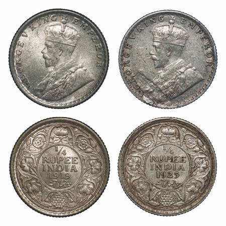 George V, Silver, 1/4 Rupee, (2 coins), 1) 1919, Calcutta Mint, No dot, 2) 1925, Bombay Mi