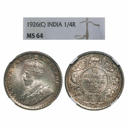 George V, Silver, 1/4 Rupee, 1926, Calcutta Mint, No dot. F. Prid 449. GK 1094. NGC Slabbe