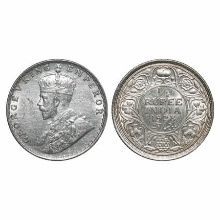 George V, Silver, 1/4 Rupee, 1928, Bombay Mint, Dot. F. Prid 459. GK 1095. Extremely Fine+