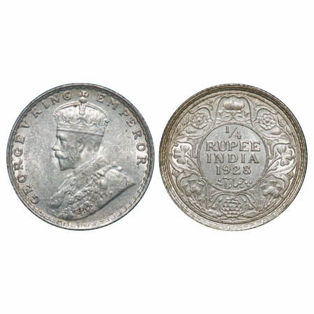 George V, Silver, 1/4 Rupee, 1928, Bombay Mint, Dot. F. Prid 459. GK 1095. About Uncircula