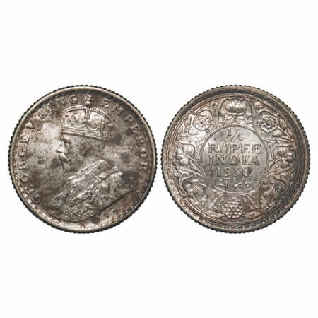 George V, Silver, 1/4 Rupee, 1930, Calcutta Mint, No dot. F. Prid 451. GK 1097. Uncirculat