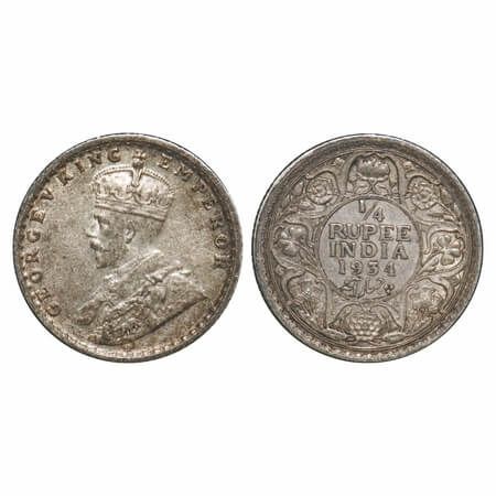 George V, Silver, 1/4 Rupee, 1934, Calcutta Mint, No dot. F. Prid 452. GK 1098. Extremely 
