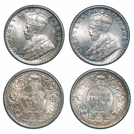 George V, Silver, 1/4 Rupee, (2 coins), 1934, Calcutta Mint, No dot. F. Prid 452(2). GK 10