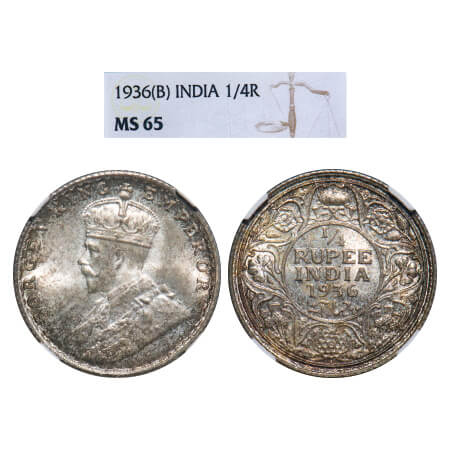George V, Silver, 1/4 Rupee, 1936, Bombay Mint, Dot. F. Prid 460. GK 1100. NGC Slabbed MS 