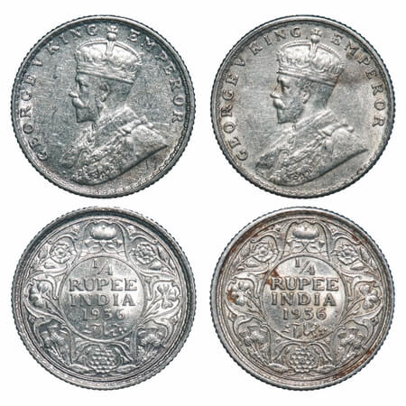 George V, Silver, 1/4 Rupee, (2 coins), 1936, Bombay Mint, Dot. F. Prid 460(2). GK 1100(2)