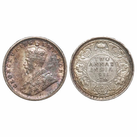 George V, Silver, 2 Annas, 1911, Calcutta Mint, No dot, Pig-Type. F. Prid 564. GK 1107. Ex