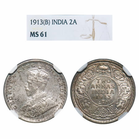 George V, Silver, 2 Annas, 1913, Bombay Mint, Dot. F. Prid 572. GK 1111. NGC Slabbed MS 61