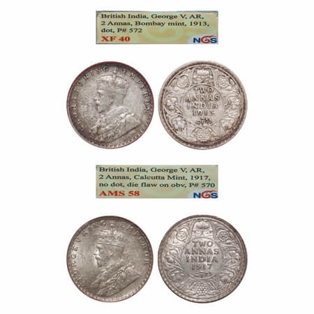 George V, Silver, 2 Annas, (2 slabs), 1) 1913, Bombay Mint, Dot, 2) 1917, Calcutta Mint, N