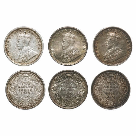 George V, Silver, 2 Annas, (3 coins), 1913, 1914, 1915, Bombay Mint, Dot. F. Prid 572, 573