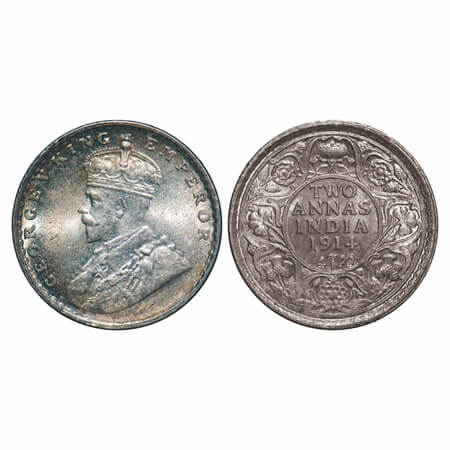 George V, Silver, 2 Annas, 1914, Calcutta Mint, No dot. F. Prid 567. GK 1112. Mint State, 