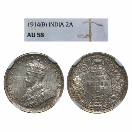 George V, Silver, 2 Annas, 1914, Bombay Mint, Dot. F. Prid 573. GK 1113. NGC Slabbed AU 58
