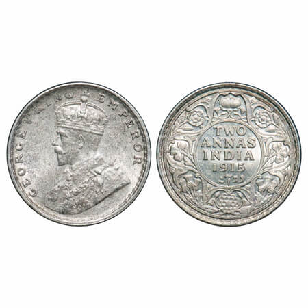 George V, Silver, 2 Annas, 1915, Calcutta Mint, No dot. F. Prid 568. GK 1114. Uncirculated