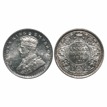 George V, Silver, 2 Annas, 1915, Bombay Mint, Dot. F. Prid 574. GK 1115. Brilliant Uncircu