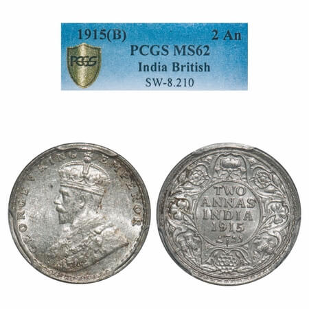 George V, Silver, 2 Annas, 1915, Bombay Mint, Dot. F. Prid574. GK 1115. PCGS Slabbed MS 62