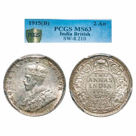 George V, Silver, 2 Annas, 1915, Bombay Mint, Dot. F. Prid 574. GK 1115. PCGS Slabbed MS 6