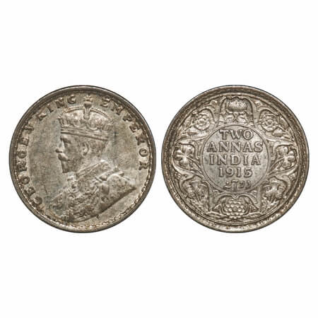 George V, Silver, 2 Annas, 1915, Bombay Mint, Dot. F. Prid 574. GK 1115. Extremely Fine+. 