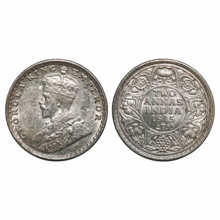 George V, Silver, 2 Annas, 1915, Bombay Mint, Dot. F. Prid 574. GK 1115. Brilliant Uncircu