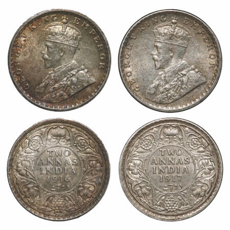 George V, Silver, 2 Annas, (2 coins), 1916, 1917, Calcutta Mint, No dot. F. Prid 569, 570.