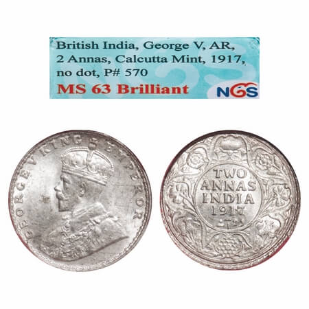 George V, Silver, 2 Annas, 1917, Calcutta Mint, No dot. F. Prid 570. GK 1117. NGS Slabbed 
