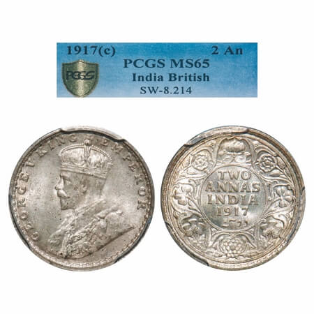 George V, Silver, 2 Annas, 1917, Calcutta Mint, No dot. F. Prid 570. GK 1117. PCGS Slabbed