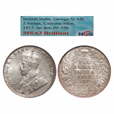 George V, Silver, 2 Annas, 1917, Calcutta Mint, No dot. F. Prid 570. GK 1117. NGS Slabbed 