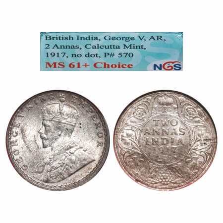 George V, Silver, 2 Annas, 1917, Calcutta Mint, No dot. F. Prid 570. GK 1117. NGS Slabbed 