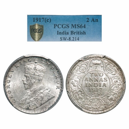 George V, Silver, 2 Annas, 1917, Calcutta Mint, No dot. F. Prid 570. GK 1117. PCGS Slabbed