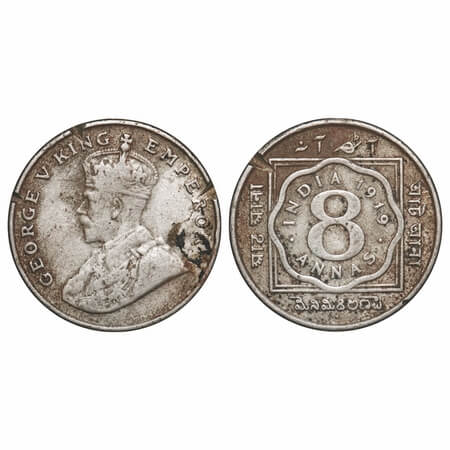 George V, Copper-Nickel, 8 Annas, 1919, Bombay Mint, Dot, Multiple edge nicks on Obv and R