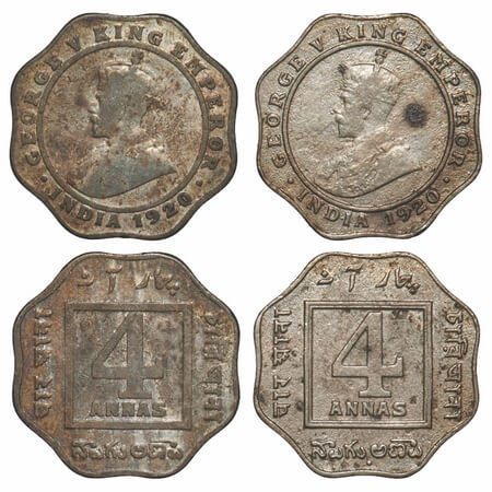 George V, Copper-Nickel, 4 Annas, (2 coins), 1920, 1) Calcutta mint, No dot, 2) Bombay Min
