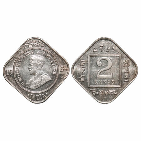 George V, Copper-Nickel, 2 Annas, 1928, Bombay Mint, Dot. F. Prid 901. GK 1133. Uncirculat