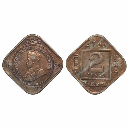 George V, Copper-Nickel, 2 Annas, 1934, Calcutta Mint, No dot. F. Prid 892. GK 1137. Extre