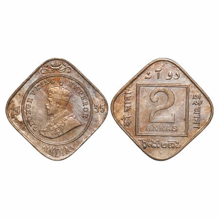 George V, Copper-Nickel, 2 Annas, 1935, Bombay Mint, Dot. F. Prid 902. GK 1139. About Unci