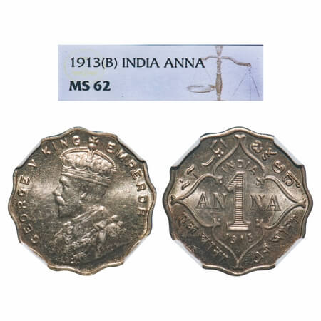 George V, Copper-Nickel, 1 Anna, 1913, Bombay Mint, No dot. F. Prid 943. GK 1143. NGC Slab
