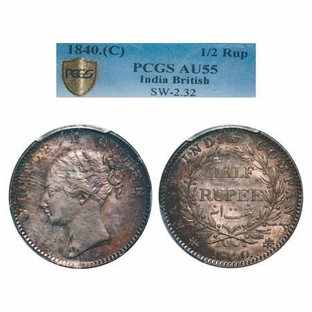 Victoria Queen, Silver, Half Rupee, 1840, CL, Calcutta Mint, A/I, English Head, Wreath wit