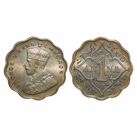 George V, Copper-Nickel, 1 Anna, 1934, Calcutta Mint, Dot. F. Prid 938. GK 1165. Uncircula