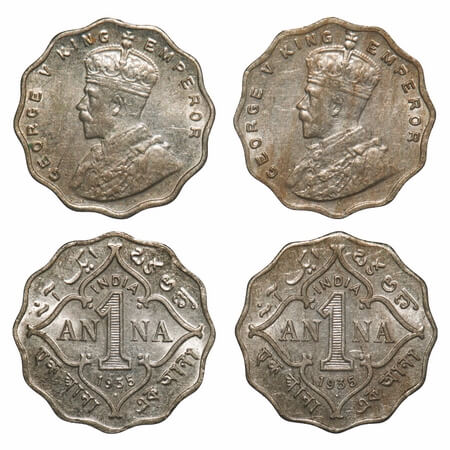 George V, Copper-Nickel, 1 Anna, (2 coins), 1935, Bombay Mint, Dot. F. Prid 957(2). GK 116
