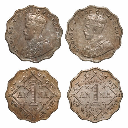 George V, Copper-Nickel, 1 Anna, (2 coins), Bombay Mint, Dot, 1) 1935, Dot, 2) 1936, Small