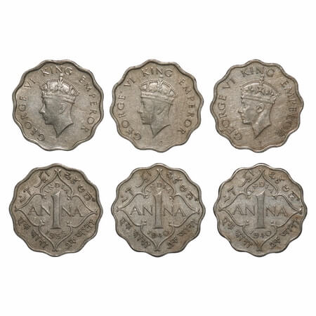 George VI, Copper-Nickel, 1 Anna, (3 coins), 1) 1938, Bombay Mint, Dot, Head Type I, 2) 19