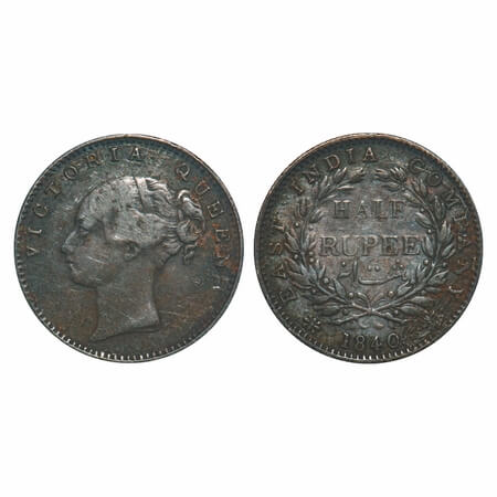 Victoria Queen, Silver, Half Rupee, 1840, CL, Calcutta Mint, A/I, English Head, Wreath wit