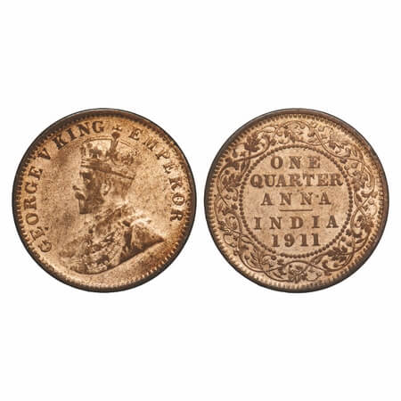 George V, Bronze, Quarter Anna, 1911, Calcutta Mint, No dot, Pig-Type. F. Prid 656. GK 117