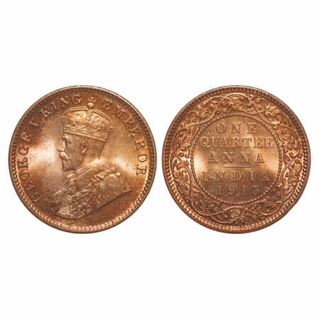 George V, Bronze, Quarter Anna, 1913, Calcutta Mint, No dot. F. Prid 659. GK 1173. Mint St