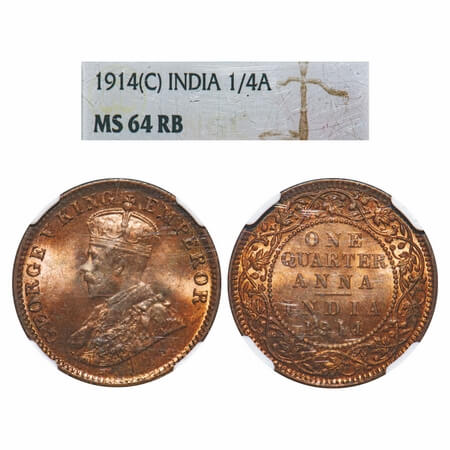 George V, Bronze, Quarter Anna, 1914, Calcutta Mint, No dot. F. Prid 660. GK 1174. NGC Sla
