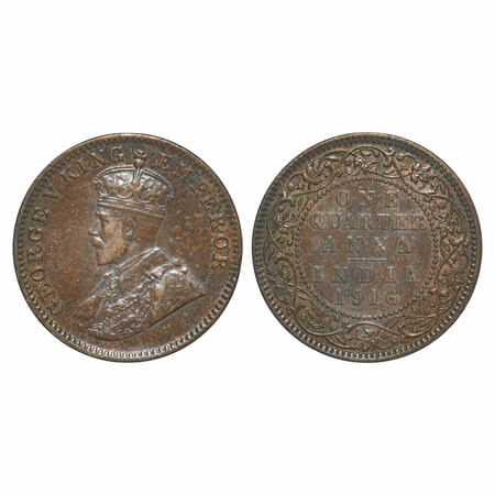 George V, Bronze, Quarter Anna, 1916, Calcutta Mint, No dot. F. Prid 661. GK 1175. Extreme