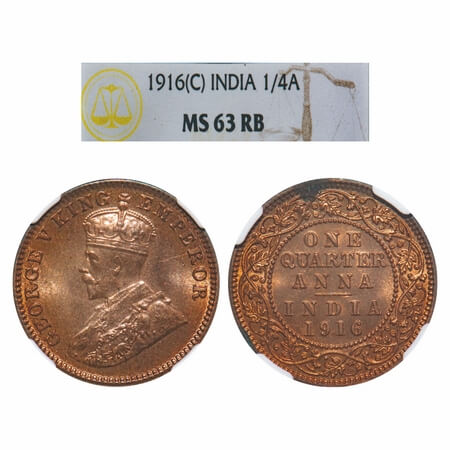 George V, Bronze, Quarter Anna, 1916, Calcutta Mint, No dot. F. Prid 661. GK 1175. NGC Sla
